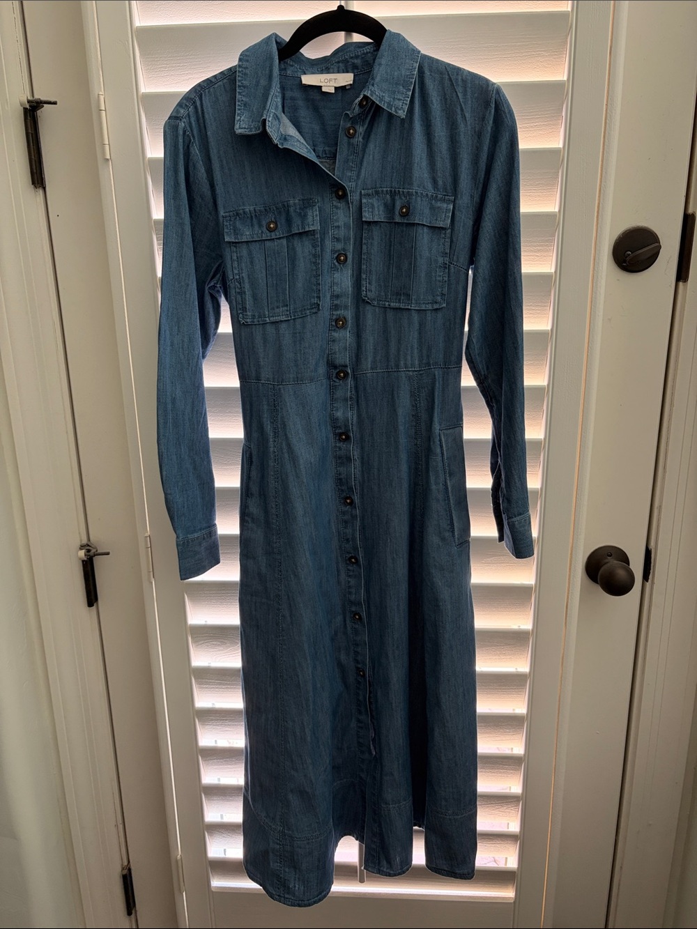 LOFT Long-Sleeve Denim Button-Front Dress - Blue